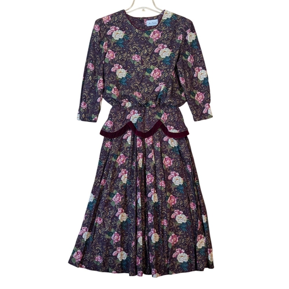 Miss Derby Dress Womens Large Midi Floral Velvet‎ Trim Vtg 80s Retro Grandma